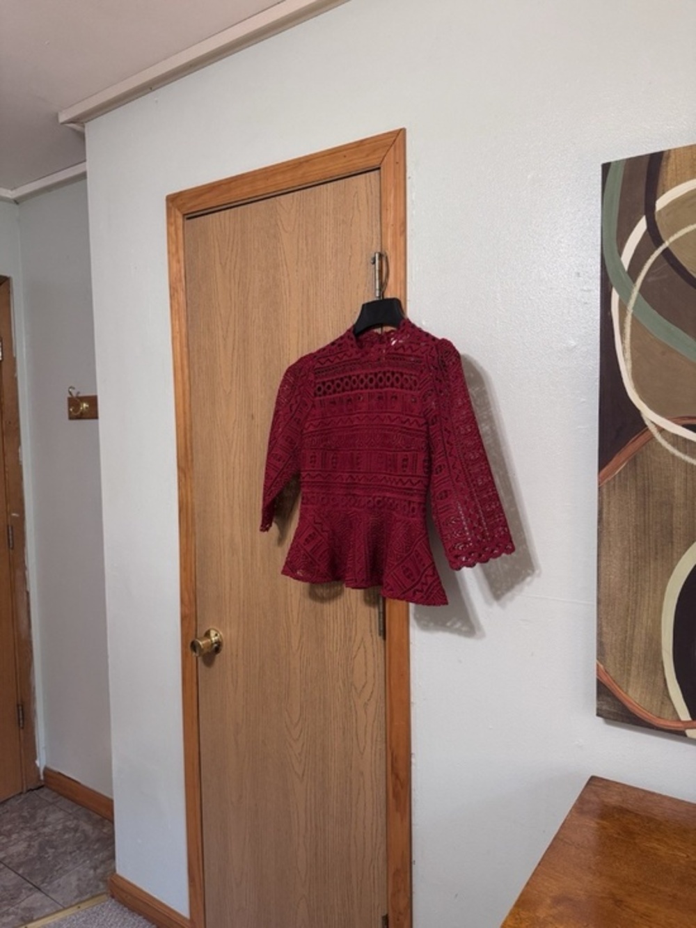 Moulinette Soeurs by Anthropologie Size 6P Red 3/4 Sleeve Red Lace Peplum Top